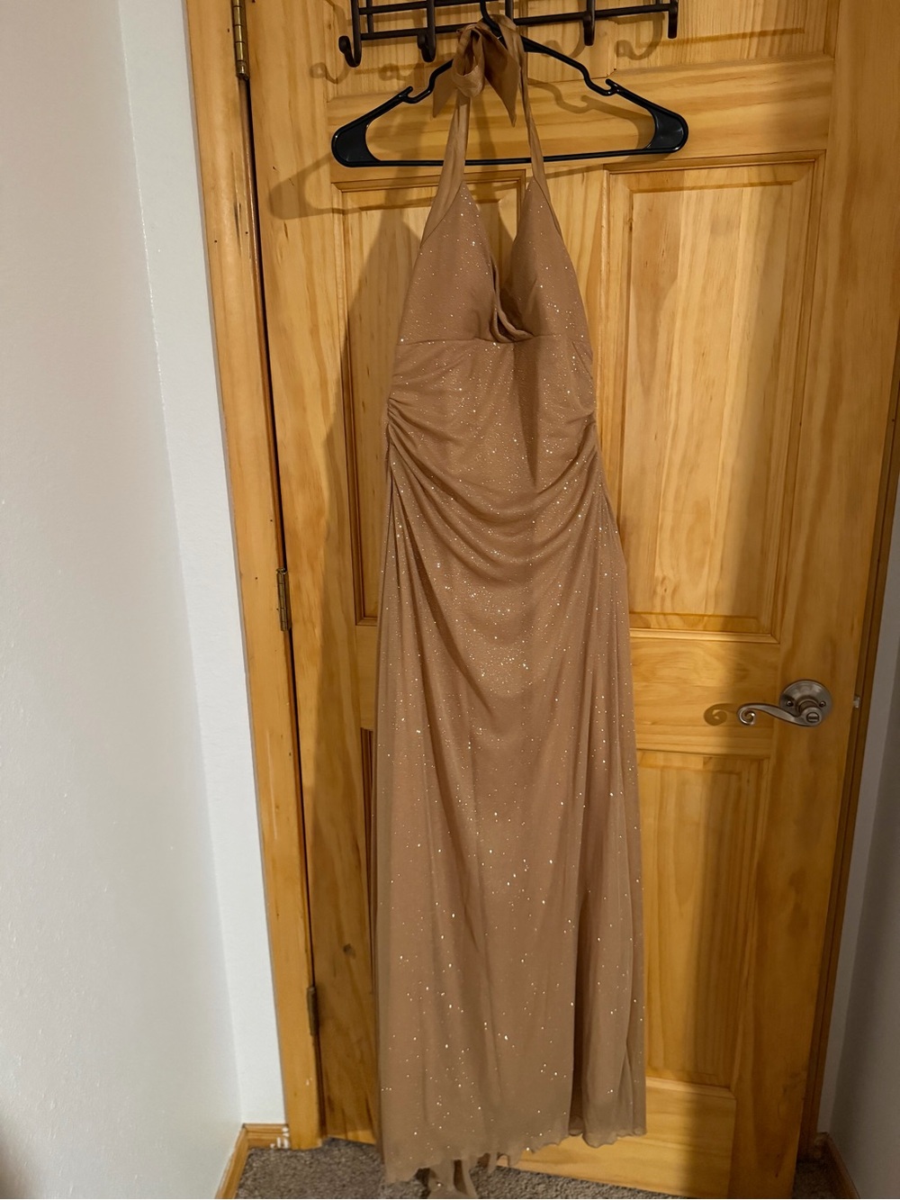 Halter Neck Sparkle Maxi Dress in Taupe